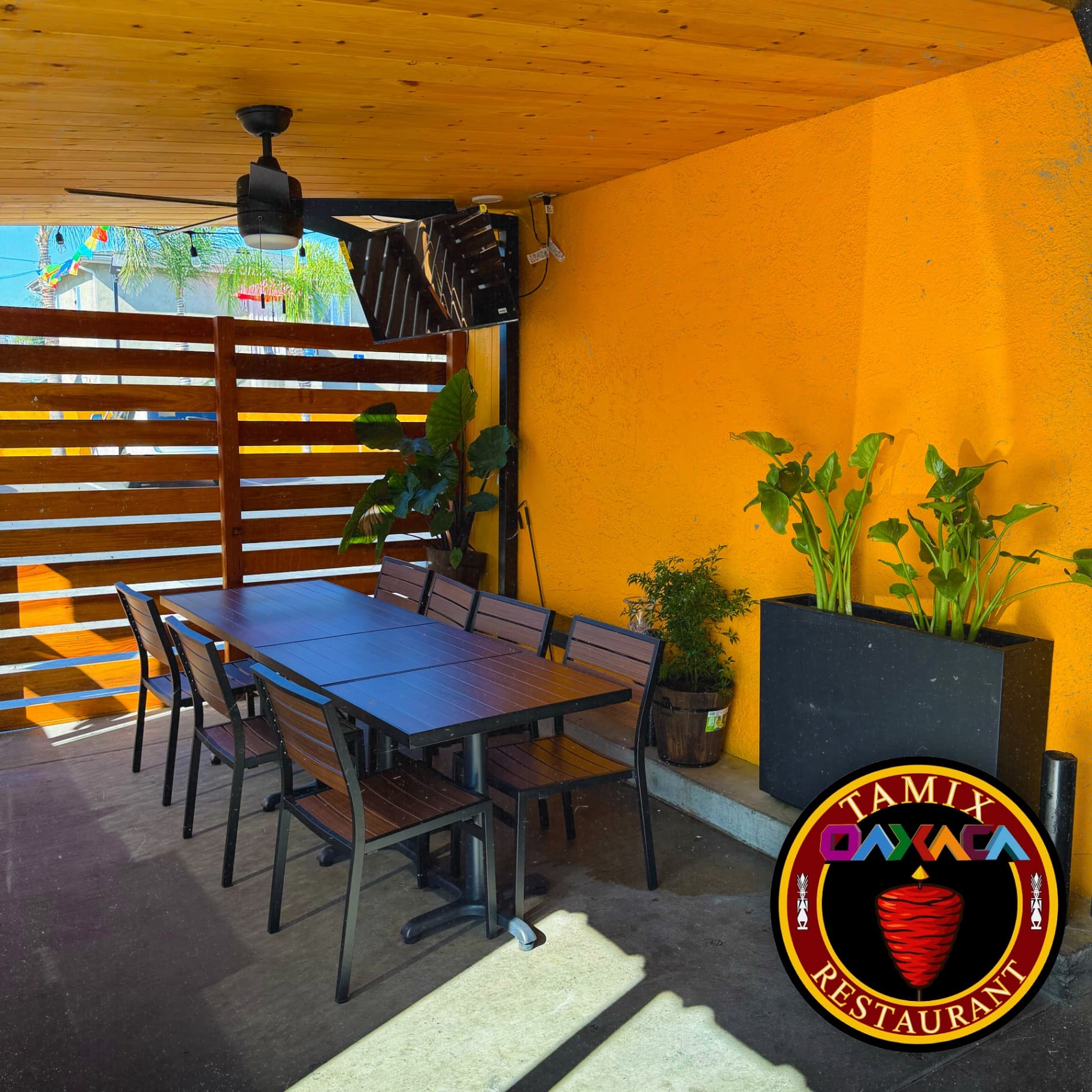 Patio Dining with Orange Wall and Plants
